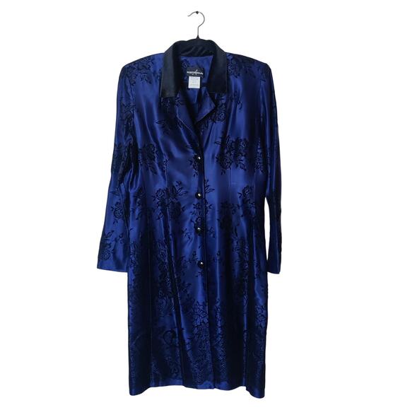Vtg Positive Attitude Satin Velvet Burnout Floral Blazer Dress 10 Navy Blue - Picture 1 of 13